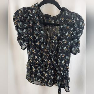 Black Botanical Print Sheer Peplum Hem Size 6